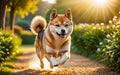A chubby Shiba dog Inu is happily running in the garden! Royalty Free Stock Photo