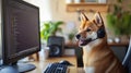 A Shiba Inu wearing a headset beside a computer screen in a customer Royalty Free Stock Photo