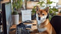 A Shiba Inu wearing a headset beside a computer screen in a customer Royalty Free Stock Photo