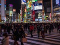 Shibuya, Japan - 7.2.20: Large crowds crossing Shibuya`s famous scramble crossing