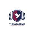Shield academy logo with flying eagle, wreath, and stars vector symbol badge emblem