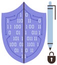 Digital Security Concept with Shield, Binary Code, Pen, and Lock Symbolizing Data Protection Royalty Free Stock Photo
