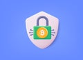 Shield with a bitcoin sign. Concept for bitcoin safety, financial technology. Online payment, security. Bitcoin digital wallet.