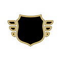 Shield black icon. Gold outline shield, golden simple wings isolated white background. Flat sign Symbol arms security