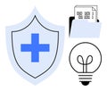 Shield with Medical Cross, Folder with Binary Data, and Light Bulb Representing Innovation and Security Royalty Free Stock Photo