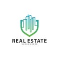 Shield with Building Idea logo template, Modern City with Shield logo designs concept, Real Estate logo Vector Illustration Royalty Free Stock Photo