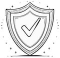 Shield with Check Mark Inside: Symbol of Security, Protection, Hand-drawn Quality Approval Icon Royalty Free Stock Photo