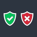 Shield check marks icon set. Red and green shield with tick and cross. YES or NO accept and decline symbol Royalty Free Stock Photo