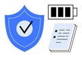 Shield with checkmark, battery icon, and document symbolizing security, reliability, and compliance Royalty Free Stock Photo