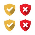 Shield checkmark and cross icon vector with long shadow