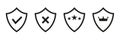 Shield checkmark cross stars and crown isolated vector icons. Shield symbols or signs security design