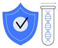 Shield with checkmark and DNA in test tube depicting biotechnology and data security Royalty Free Stock Photo