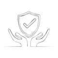 Shield with checkmark in open hand vector one line drawing. Symbol of protection, security and safety for web and Royalty Free Stock Photo