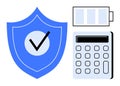 Blue Shield with Checkmark, Battery Icon, and Calculator Representing Security and Efficiency Royalty Free Stock Photo