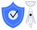 Shield with Checkmark, Rocket, and Lemon Slice Highlighting Security and Progress Themes Royalty Free Stock Photo