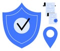 Shield With Checkmark Symbol, Documents, and Location Marker Explaining Security and Verification