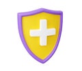 Shield with cross 3d render - medical care and health safety concept with plus sign on shield.
