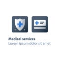 Shield and cross, medical insurance card, health care policy, hospital services, preventive check up