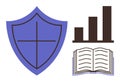 Shield with Cross, Open Book, and Bar Graph Representing Security, Knowledge, and Data Growth Royalty Free Stock Photo