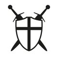 shield with cross and two crossed swords symbol, vector illustration of medieval sword isolated on a white Royalty Free Stock Photo