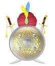 Shield and crossed scimitar swords with turban