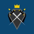 Shield, crossed swords and crown. Symbol, logo, emblem. Vector illustration.