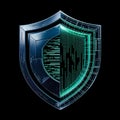 shield cyber security 3d metallic design with digital code and grid on black background Royalty Free Stock Photo