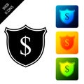 Shield and dollar icon isolated. Security shield protection. Money security concept. Set icons colorful square buttons Royalty Free Stock Photo