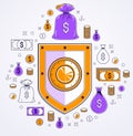 Shield and dollar set of icons, financial security concept, armor business defender, finance protection, vector flat thin line Royalty Free Stock Photo