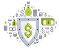 Shield and dollar set of icons, financial security concept, armor business defender, finance protection, vector flat thin line Royalty Free Stock Photo