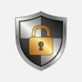 Shield emblem with a metallic silver and black checkered pattern. A golden padlock is Royalty Free Stock Photo