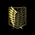 Shield emblem with wings in gold color.