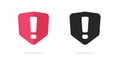 Shield exclamation alert icon vector simple silhouette graphic, safety security breach warning protection black white red symbol