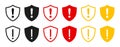 Shield with exclamation mark icon, warning attention, risk alert caution, security shield set