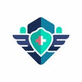 Shield featuring wings and a cross emblem, symbolizing protection and faith, Minimalist Logo for Healthcare Applications Developer Royalty Free Stock Photo