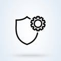 Shield and gear service sign icon or logo line. Shield Protection concept. Shield with gear outline vector illustration