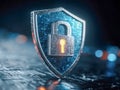 Shield with glowing lock symbol representing advanced cyber protection and secure data encryption on futuristic digital circuit Royalty Free Stock Photo