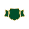 Shield green icon. Gold outline shield, simple ribbon isolated white background. Flat sign. Symbol guarantee protection