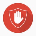 Shield with hand block icon in flat style with shadow