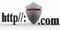 Shield between http and dot com. Conception of protecting from unknown web- pages. Royalty Free Stock Photo