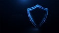 A shield icon a blue security technology icon. Shield protection icon. Data network security. Glowing wireframe, linear, line and