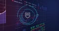 Shield icon and data charts, cybersecurity image over financial graphs
