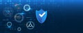 Shield icon with gears on a blue background. Personal data protection service. Internet security concept. Cybersecurity web banner