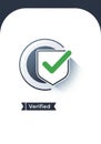 Shield icon with a green check mark symbolizes verification. The design includes Royalty Free Stock Photo