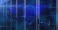 Shield icon with lock hovering in data center, with server racks, LED indicators and grid overlay Royalty Free Stock Photo