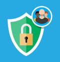 Shield icon with lock and user silhouette symbol. Royalty Free Stock Photo