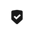 Shield icon vector isolated, flat black and white safety symbol with checkmark, warranty or protect sign, privacy or