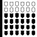 Shield icons set. Different black shield shapes on white background. Vector illustration