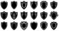 Shield icons set. Various black ornamental shields in flat graphic design Royalty Free Stock Photo