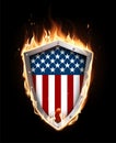 Shield with the image of the American flag on a background of fire. A special transparent smoke effect. Highly realistic